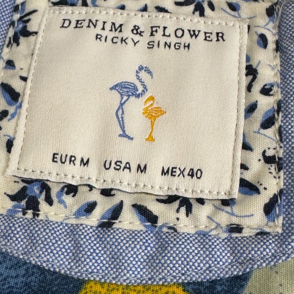 Denim & Flower Hawaiian Shirt Mens M Yellow Blue Floral Tropical - Picture 4 of 7